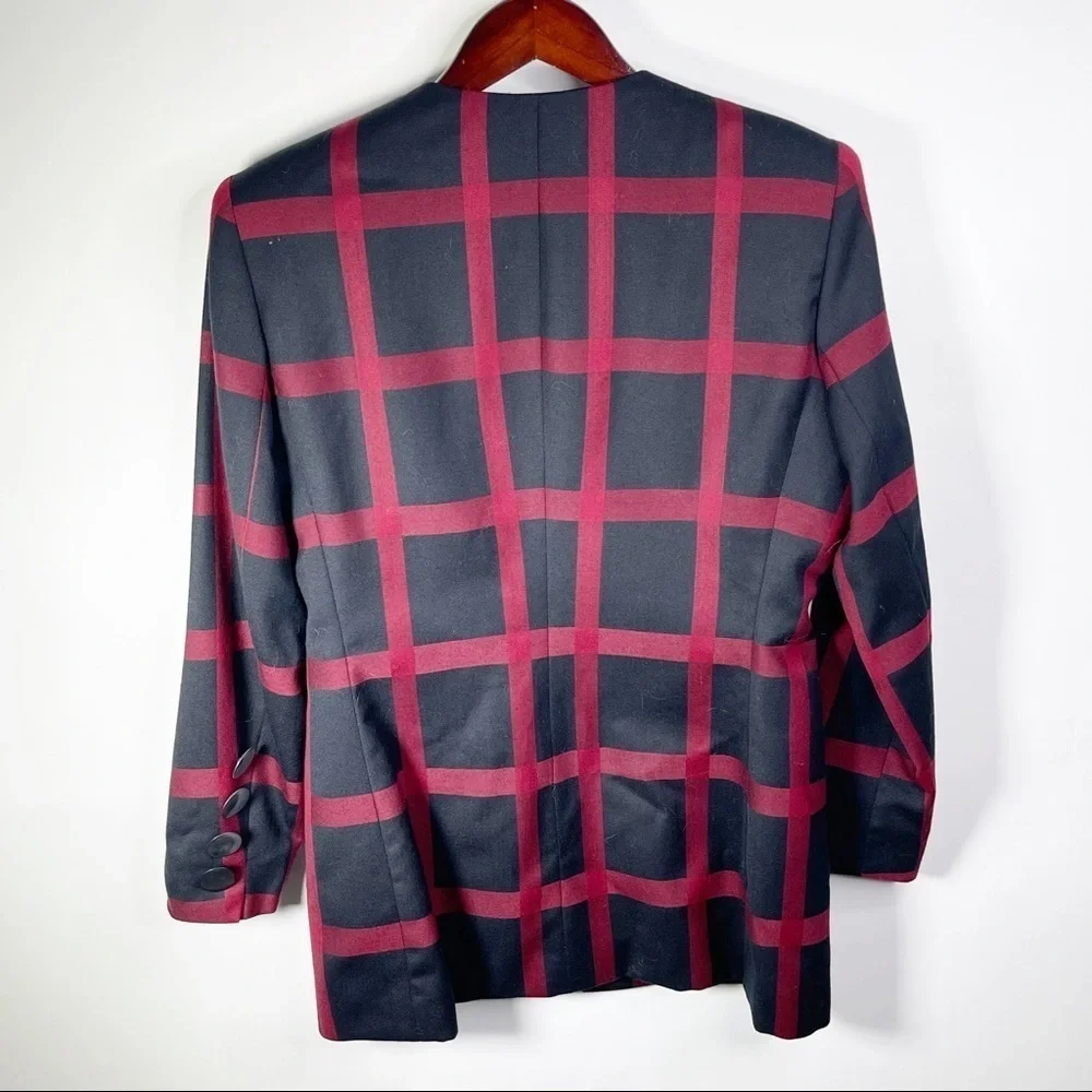 Christian Dior Vintage Wool Plaid Blazer Black Red